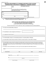 Form CSCL/CD-761 Application for Certificate of Withdrawal for Use by Foreign Limited Liability Companies - Michigan