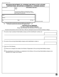 Form CSCL/CD-750 Certificate of Merger for Use by Limited Liability Companies - Michigan