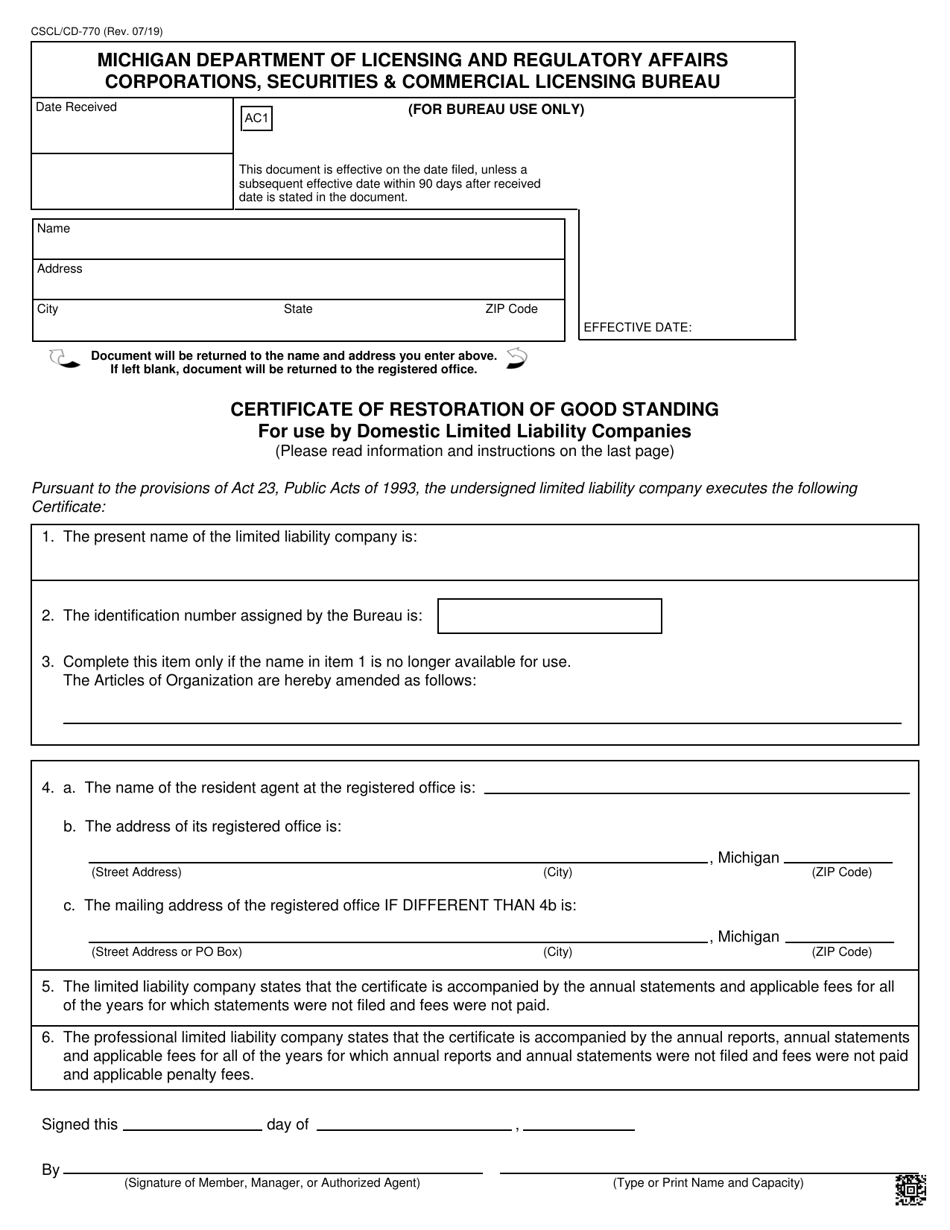 Form CSCL / CD-770 Certificate of Restoration of Good Standing for Use by Domestic Limited Liability Companies - Michigan, Page 1