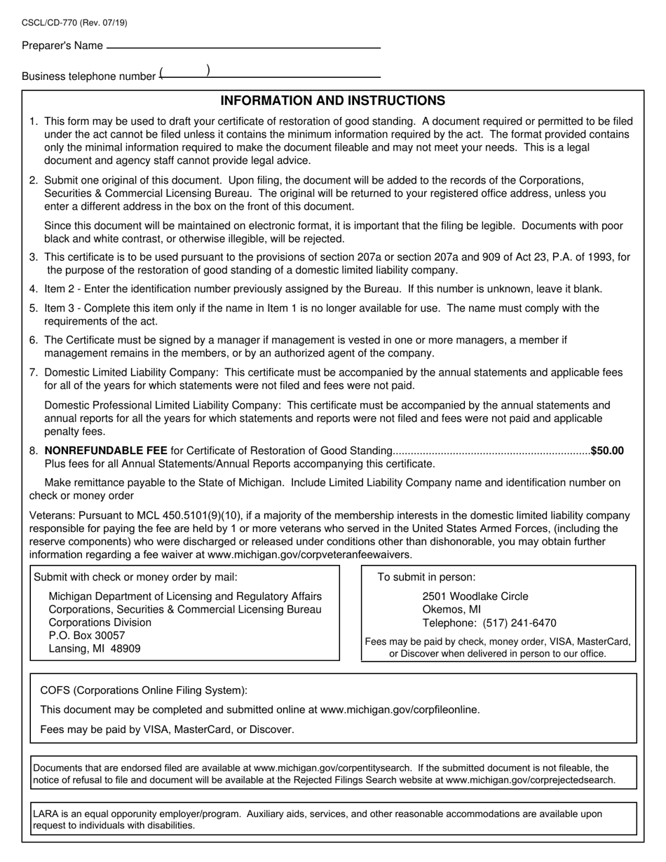 Form CSCL / CD-770 Certificate of Restoration of Good Standing for Use by Domestic Limited Liability Companies - Michigan, Page 2
