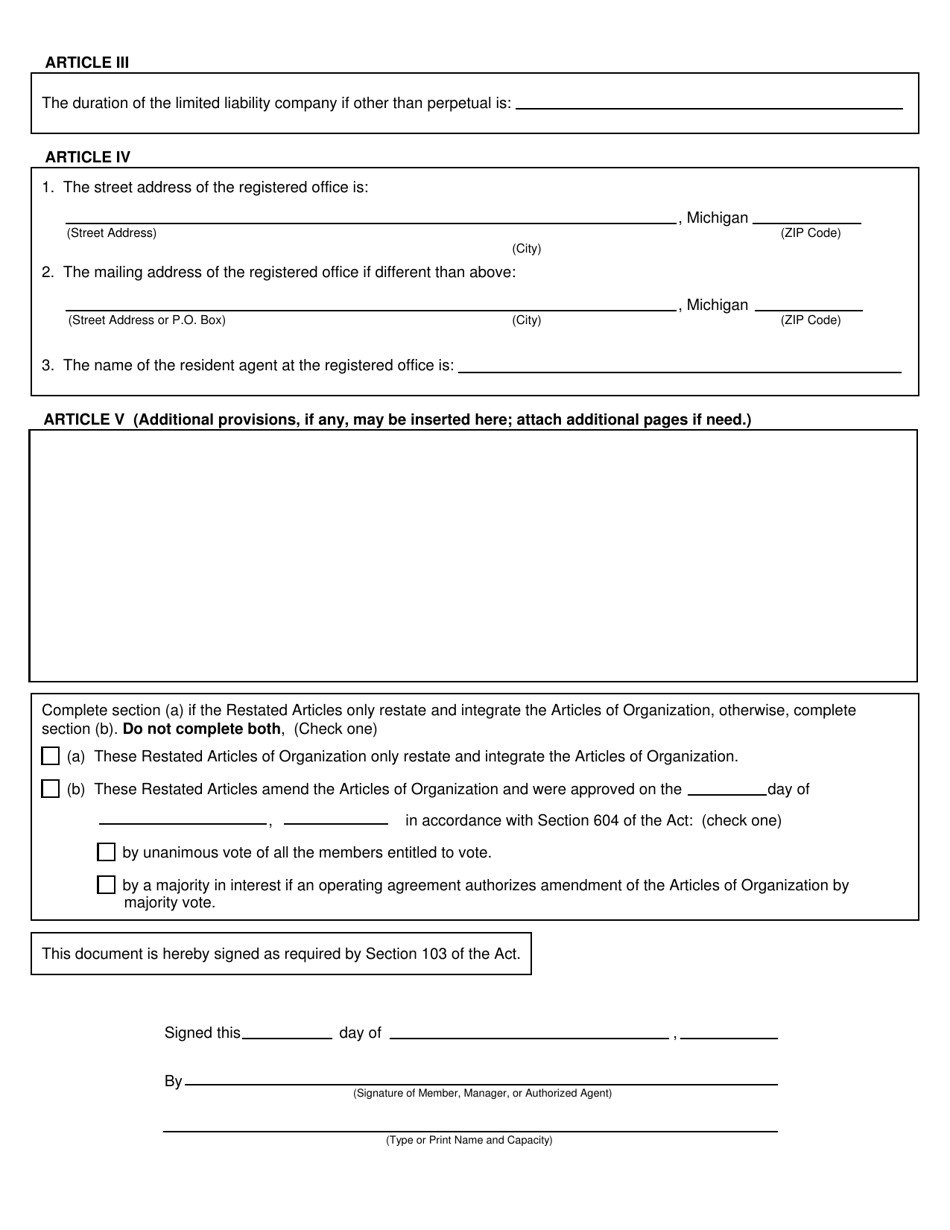 Form CSCL / CD-710 Restated Articles of Organization for Use by Domestic Limited Liability Companies - Michigan, Page 2