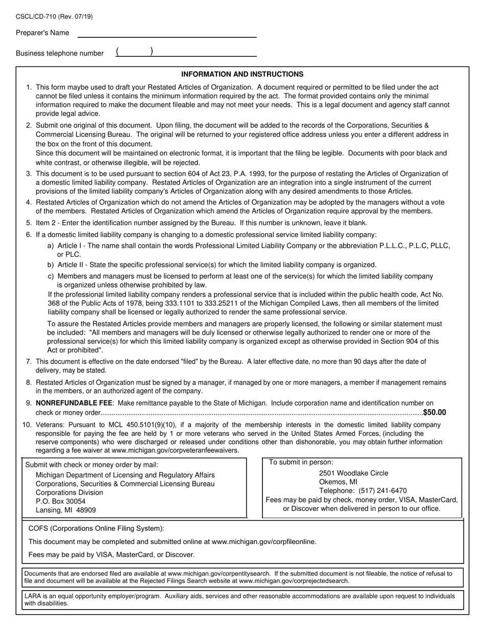 Form CSCL / CD-710 Restated Articles of Organization for Use by Domestic Limited Liability Companies - Michigan, Page 3
