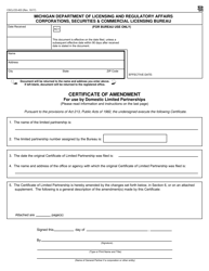 Form CSCL/CD-403 Certificate of Amendment for Use by Domestic Limited Partnerships - Michigan