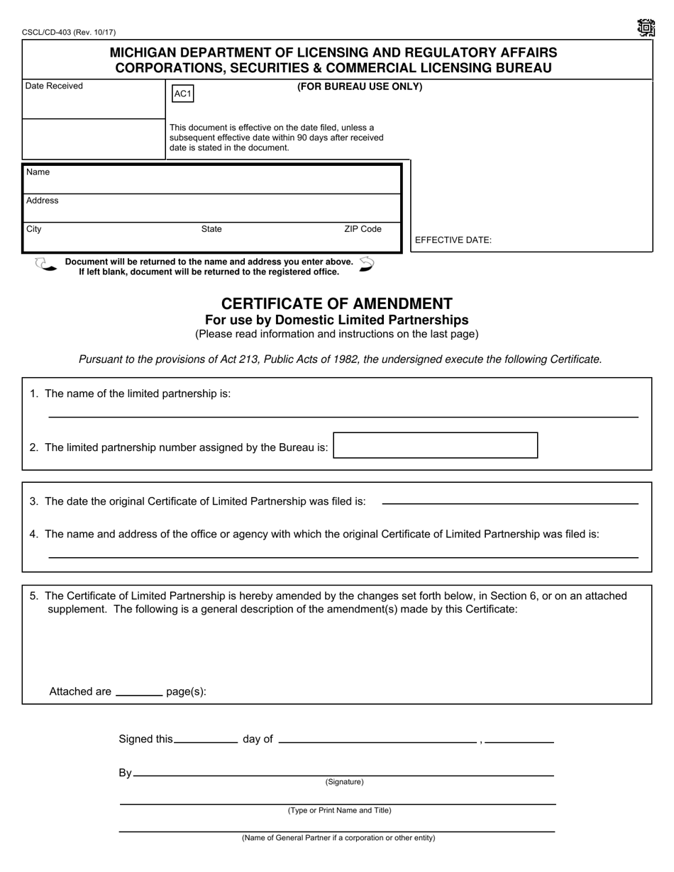 Form CSCL / CD-403 Certificate of Amendment for Use by Domestic Limited Partnerships - Michigan, Page 1