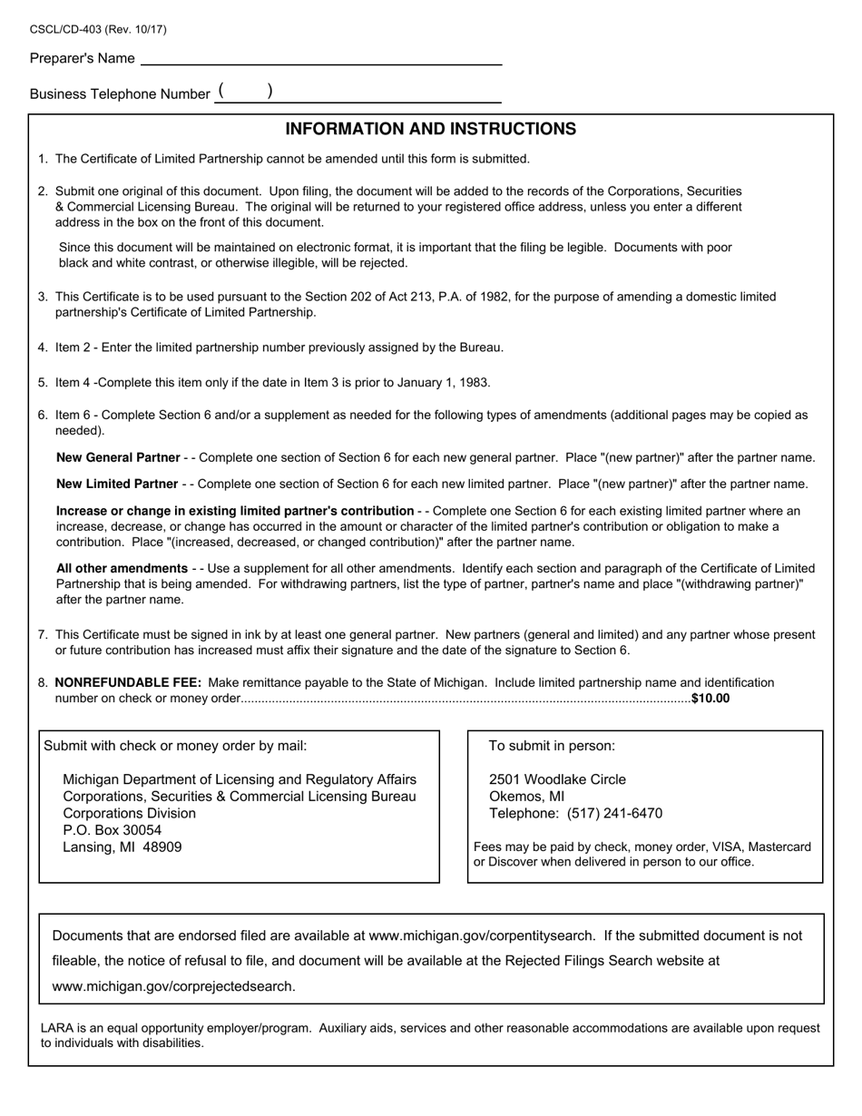 Form CSCL / CD-403 Certificate of Amendment for Use by Domestic Limited Partnerships - Michigan, Page 4