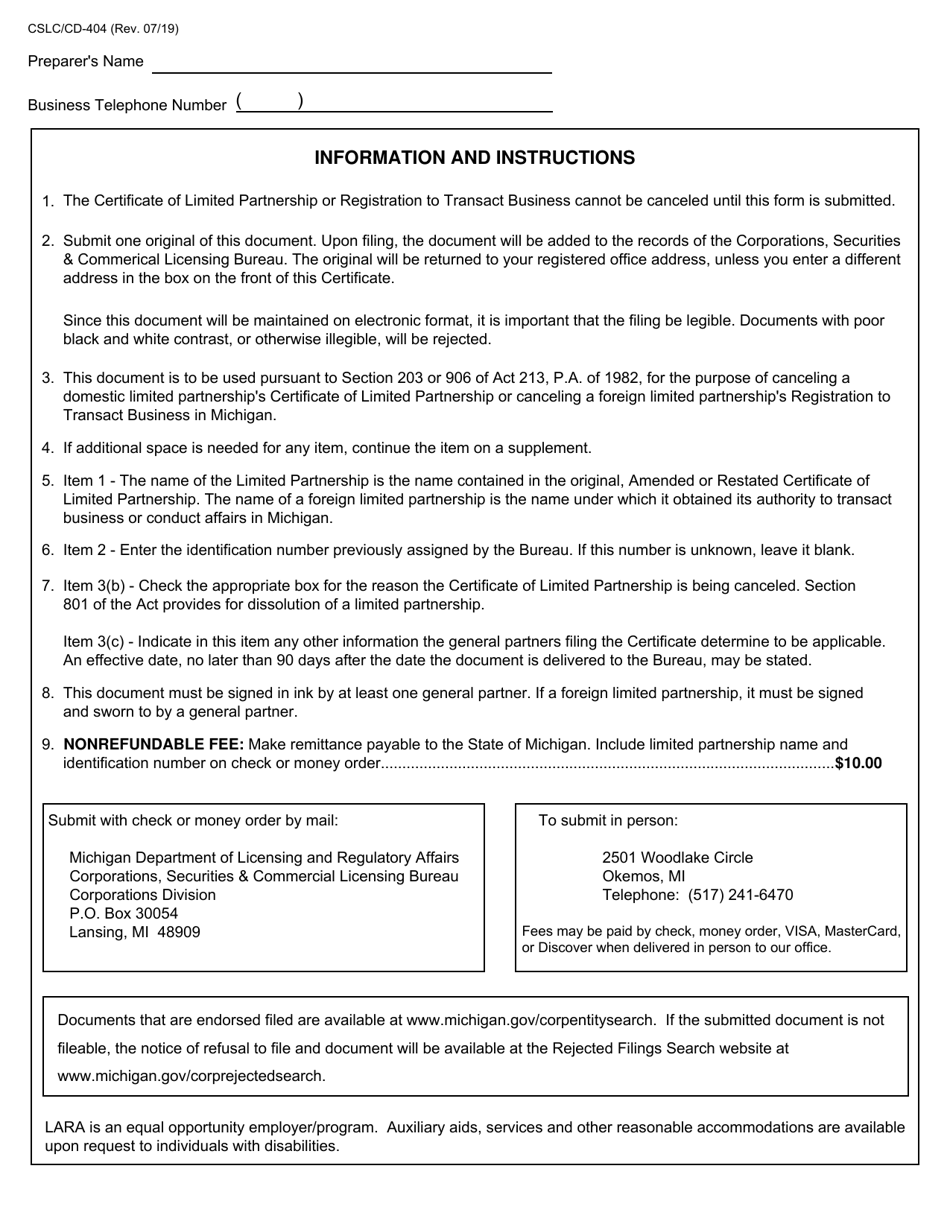 Form CSCL / CD-404 Certificate of Cancellation for Use by Domestic and Foreign Limited Partnerships - Michigan, Page 3