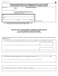 Form CSCL/CD-452 Certificate of Abandonment of Merger/Consolidation for Use by Domestic Limited Partnerships - Michigan