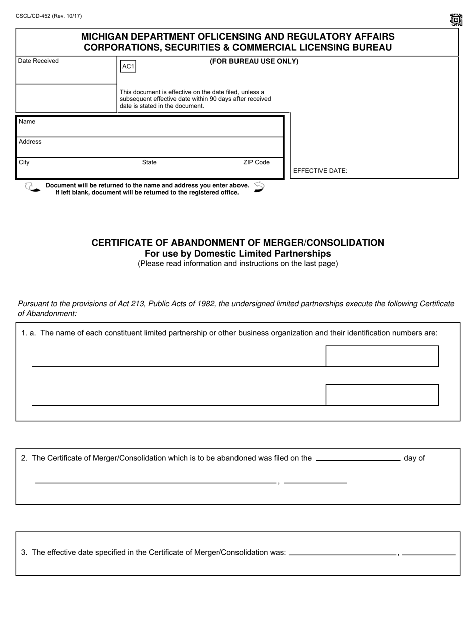 Form CSCL / CD-452 Certificate of Abandonment of Merger / Consolidation for Use by Domestic Limited Partnerships - Michigan, Page 1