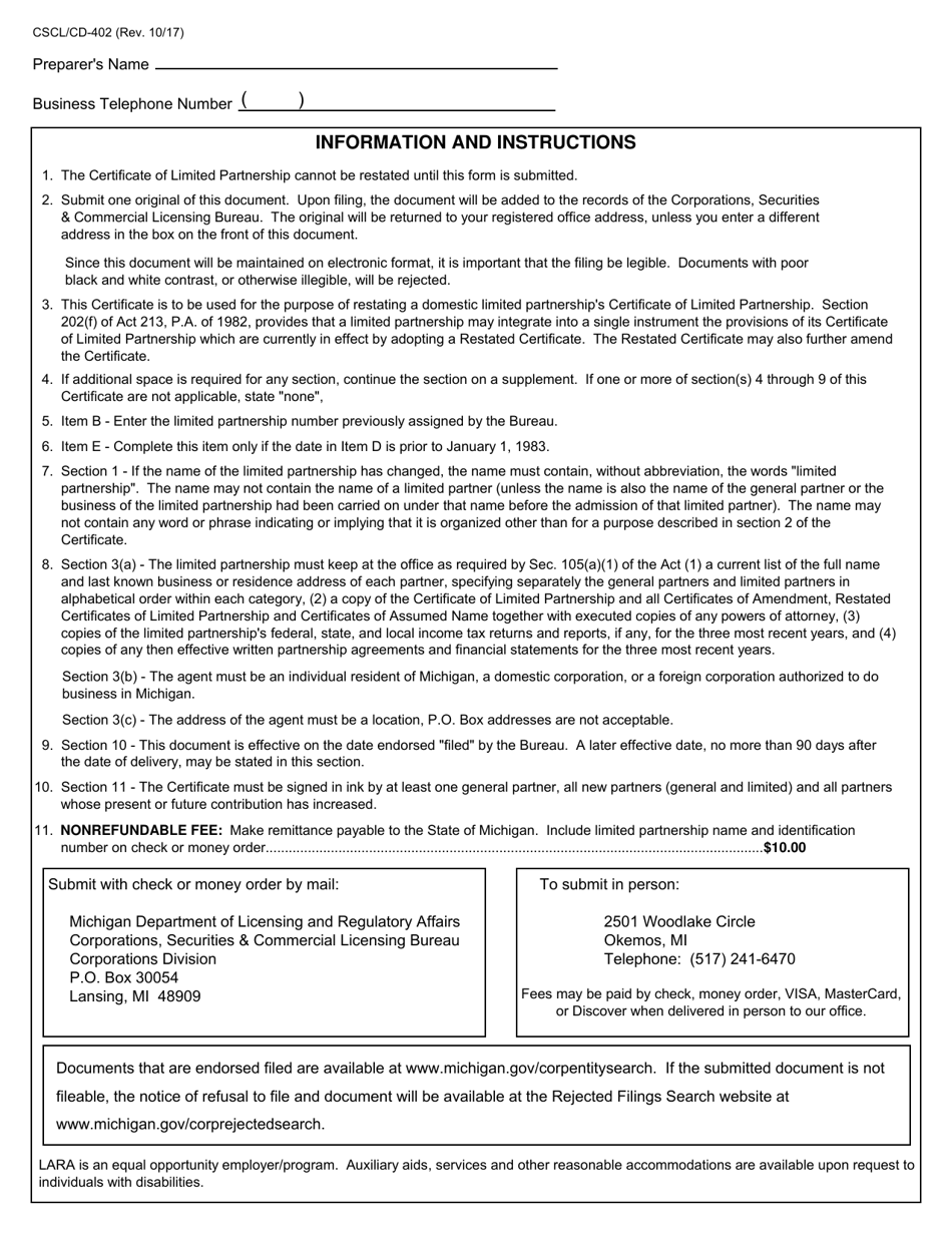 Form CSCL / CD-402 Restated Certificate of Limited Partnership for Use by Domestic Limited Partnerships - Michigan, Page 6
