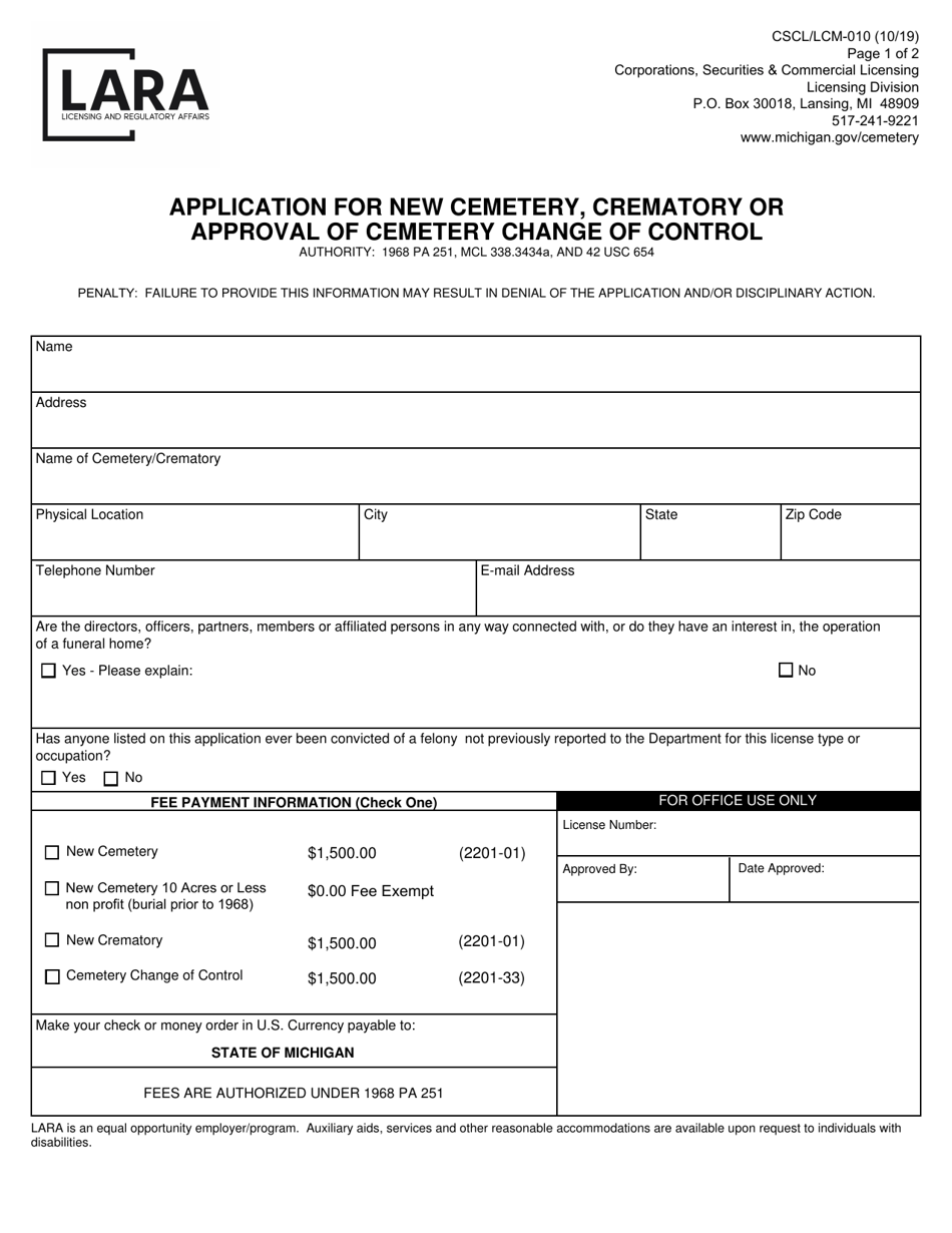 Form CSCL / LCM-010 Application for New Cemetery, Crematory or Approval of Cemetery Change of Control - Michigan, Page 1