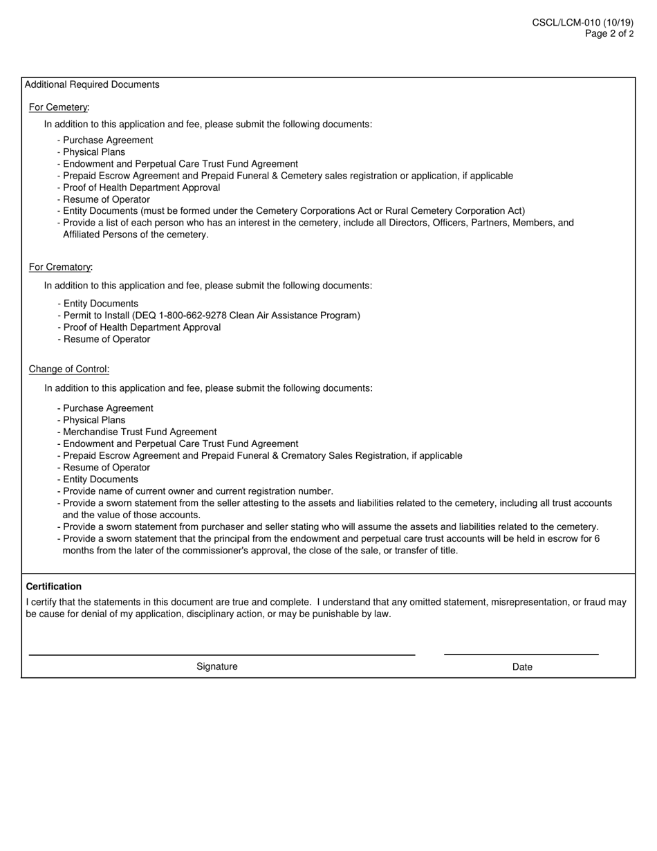 Form CSCL / LCM-010 Application for New Cemetery, Crematory or Approval of Cemetery Change of Control - Michigan, Page 2