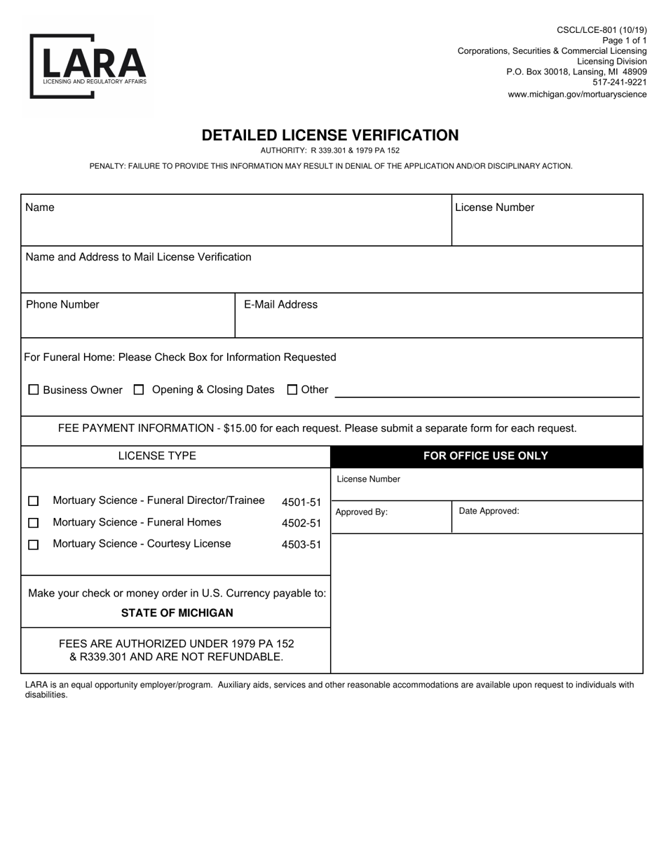 Form CSCL / LCE-801 Detailed License Verification - Michigan, Page 1