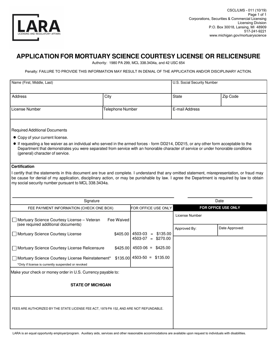 Form CSCL / LMS-011 Application for Mortuary Science Courtesy License or Relicensure - Michigan, Page 1
