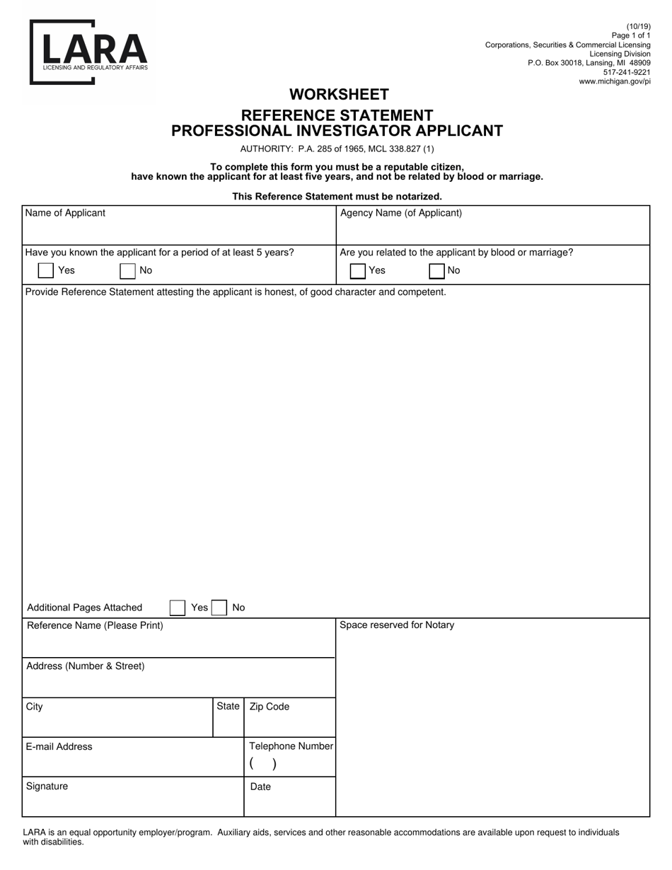 Personal Reference Worksheet - Professional Investigator Applicant - Michigan, Page 1