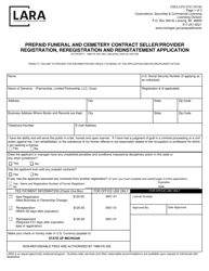 Form CSCL/LFC-010 Prepaid Funeral and Cemetery Contract Seller/Provider Registration, Reregistration and Reinstatement Application - Michigan