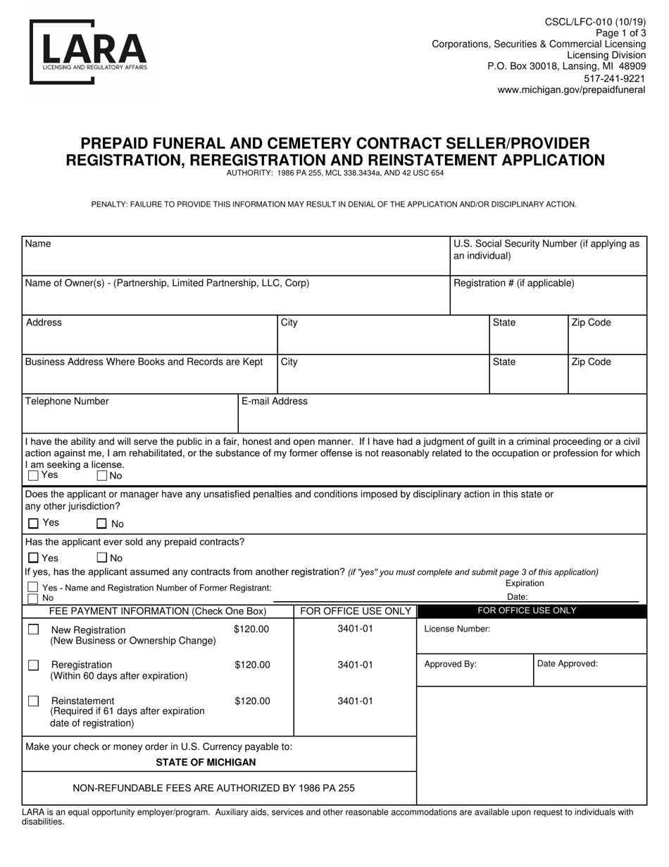 Form CSCL / LFC-010 Prepaid Funeral and Cemetery Contract Seller / Provider Registration, Reregistration and Reinstatement Application - Michigan, Page 1