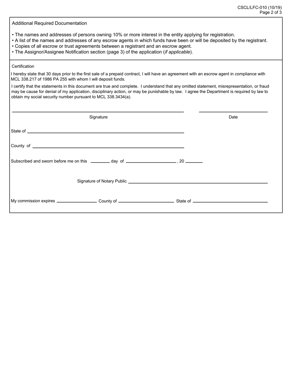 Form CSCL / LFC-010 Prepaid Funeral and Cemetery Contract Seller / Provider Registration, Reregistration and Reinstatement Application - Michigan, Page 2