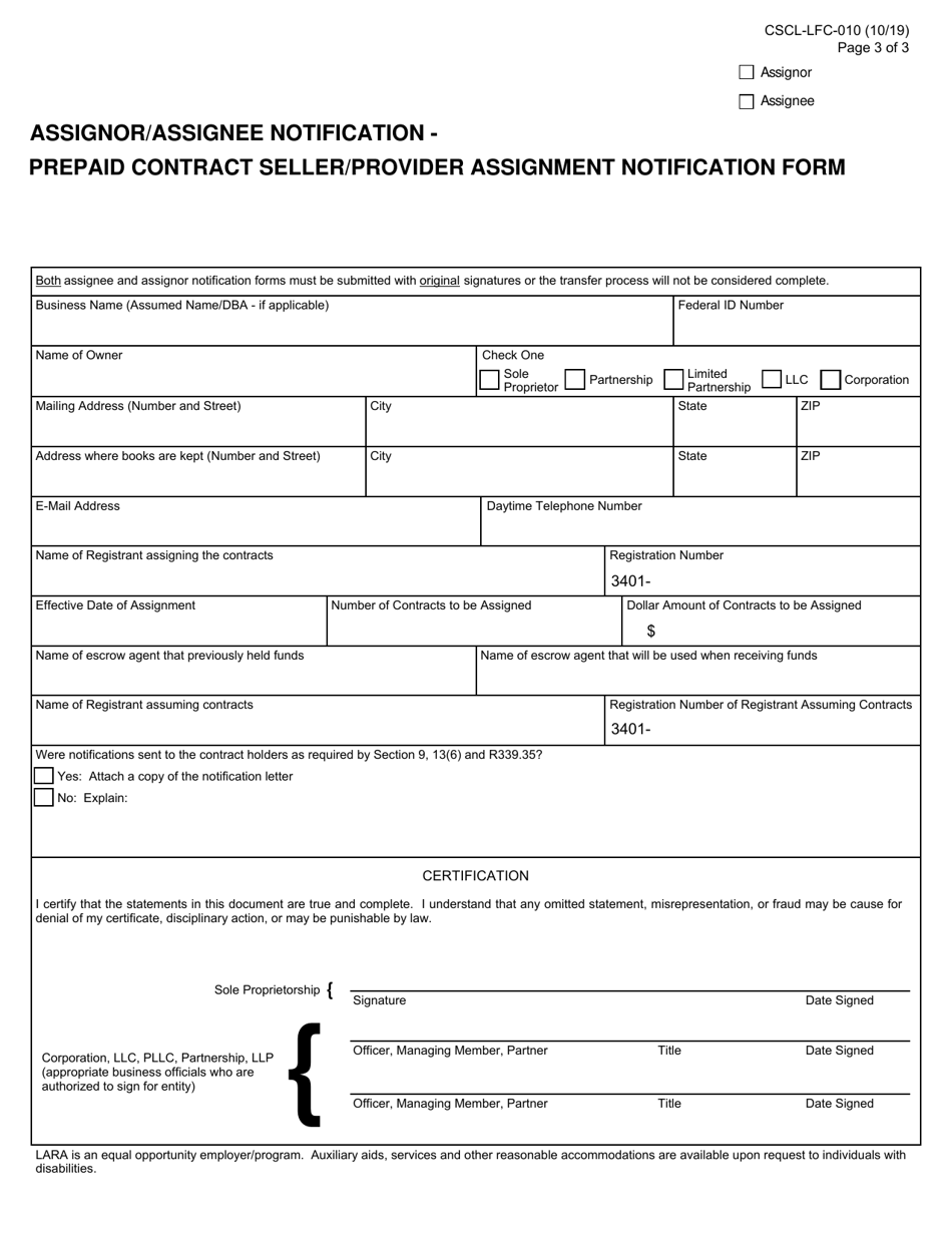 Form CSCL / LFC-010 Prepaid Funeral and Cemetery Contract Seller / Provider Registration, Reregistration and Reinstatement Application - Michigan, Page 3