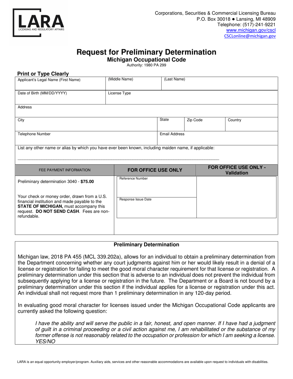Request for Preliminary Determination - Michigan, Page 1