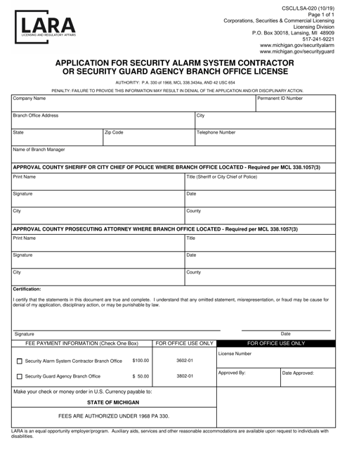 Form CSCL/LSA-020 Application for Security Alarm System Contractor or Security Guard Agency Branch Office License - Michigan