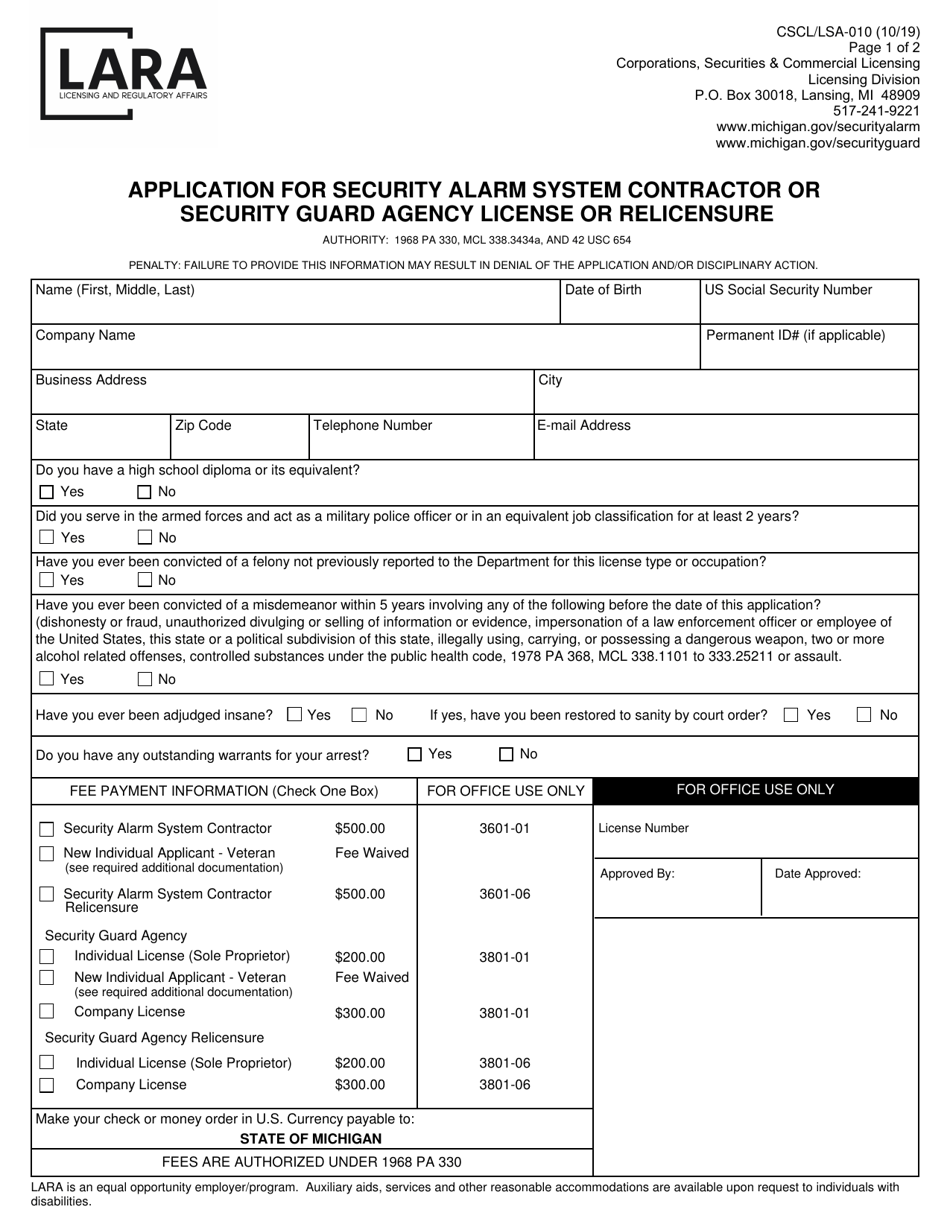 Form CSCL / LSA-010 Application for Security Alarm System Contractor or Security Guard Agency License or Relicensure - Michigan, Page 1