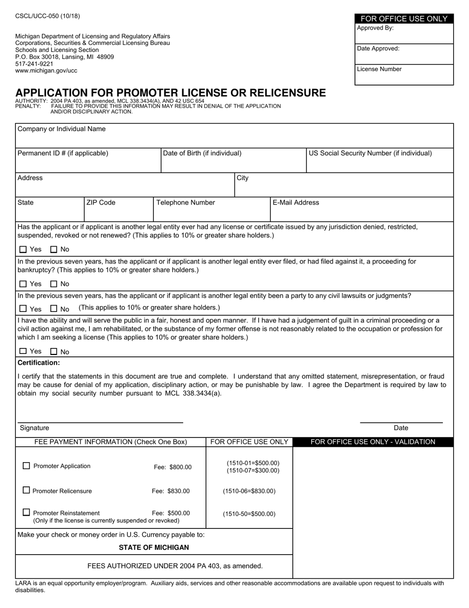 Form CSCL / UCC-050 Application for Promoter License or Relicensure - Michigan, Page 1