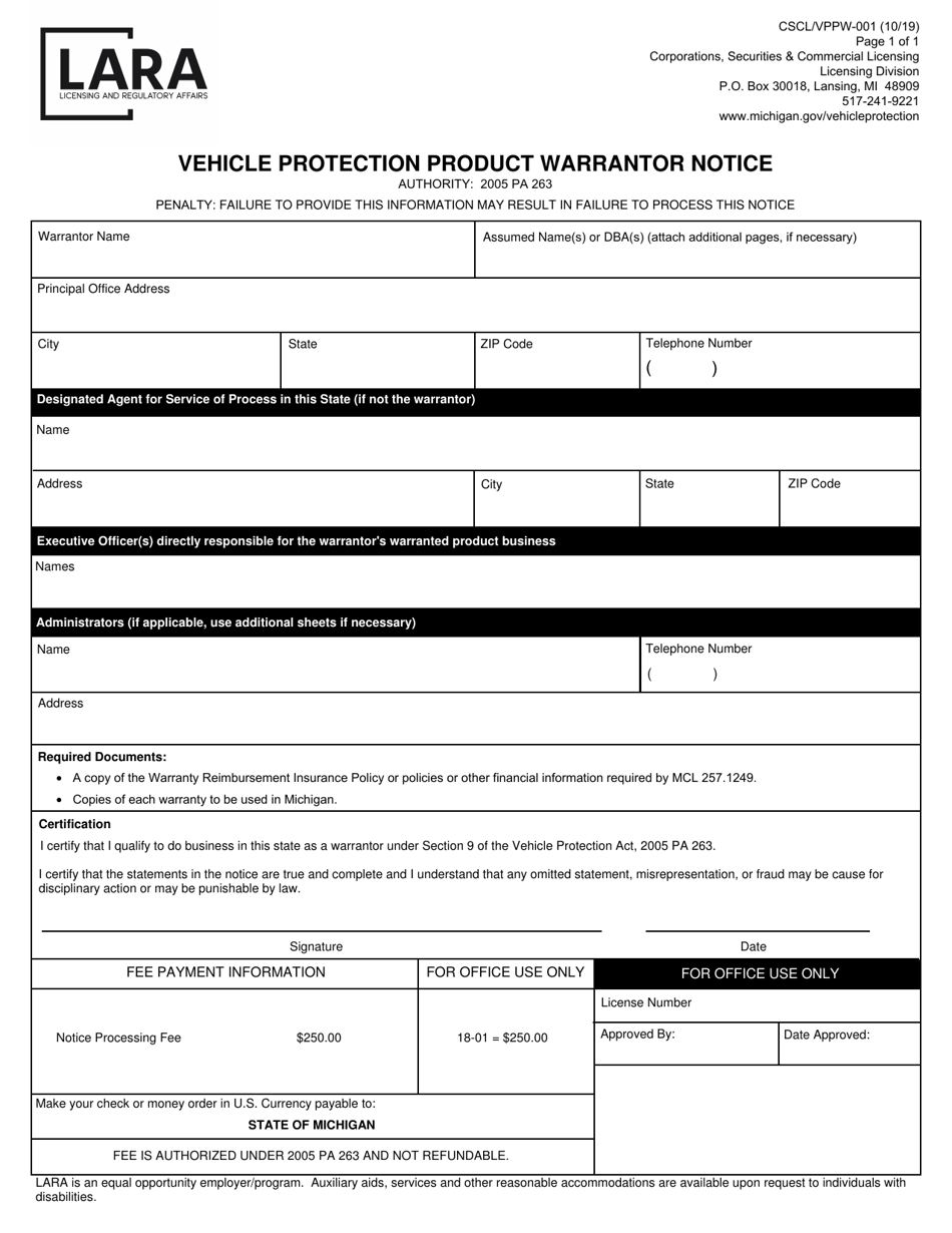 Form CSCL / VPPW-001 Vehicle Protection Product Warrantor Notice - Michigan, Page 1