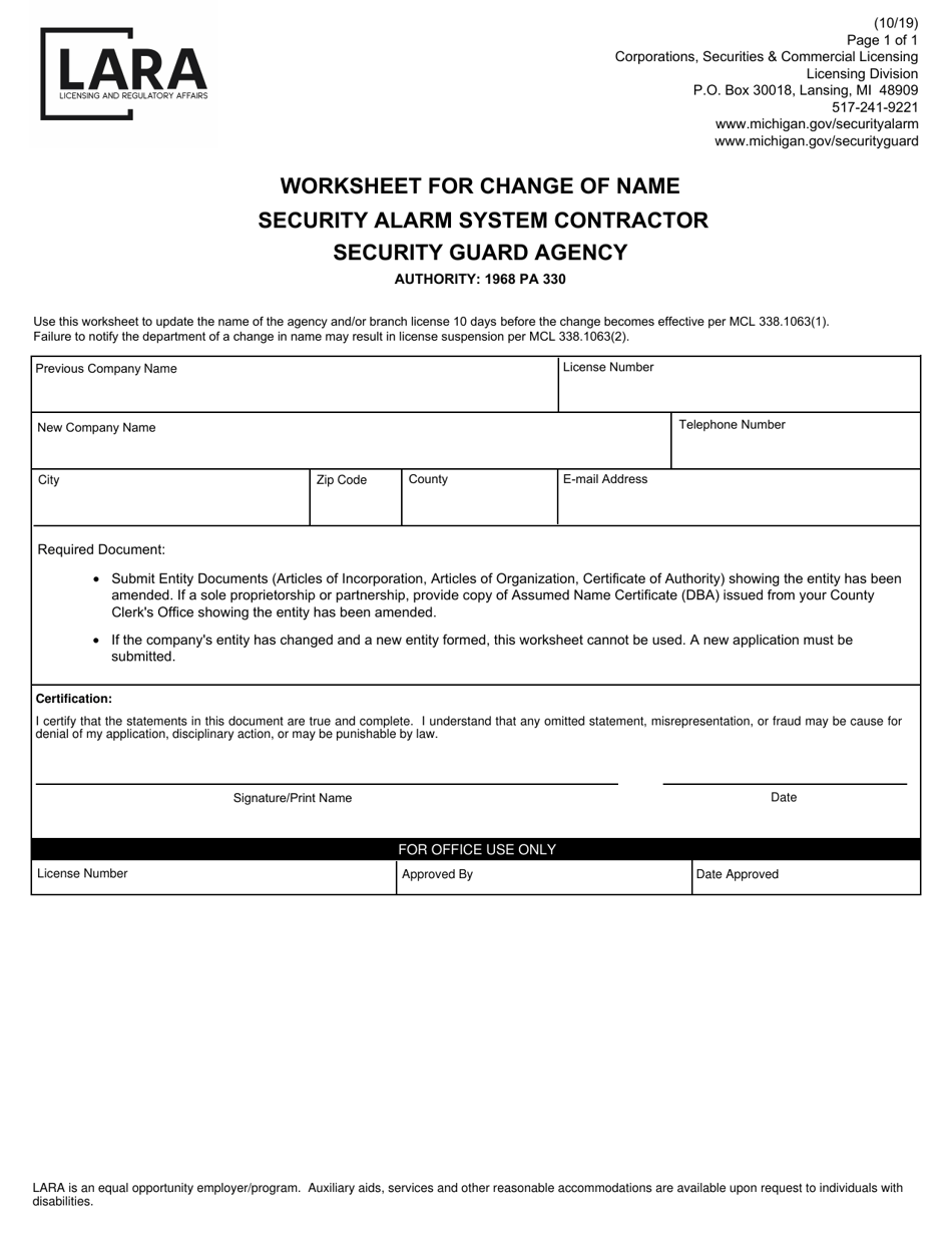 Worksheet for Change of Name Security Alarm System Contractor Security Guard Agency - Michigan, Page 1