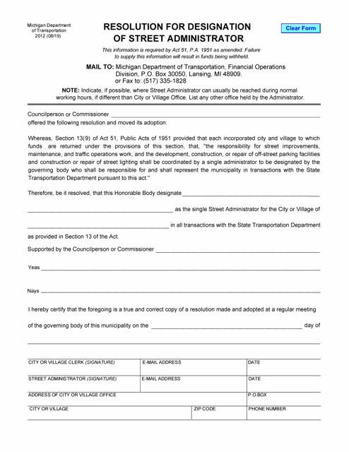 Form 2012 Resolution for Designation of Street Administrator - Michigan