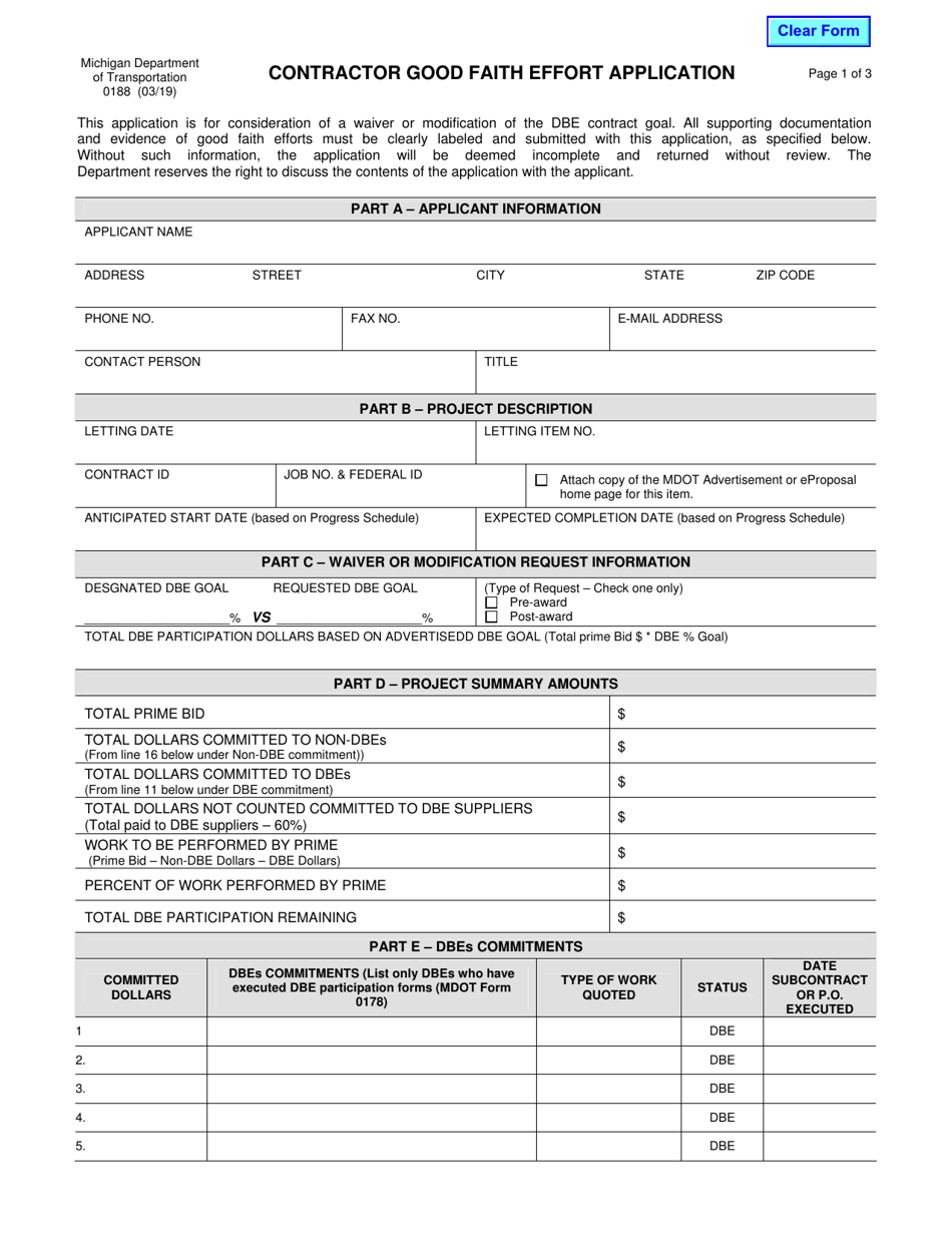 Form 0188 Contractor Good Faith Effort Application - Michigan, Page 1