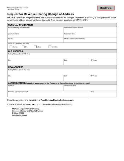 Form 3875 Request for Revenue Sharing Change of Address - Michigan