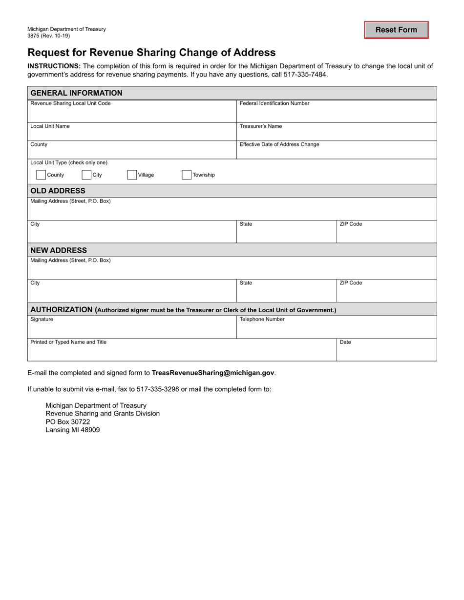 Form 3875 Request for Revenue Sharing Change of Address - Michigan, Page 1