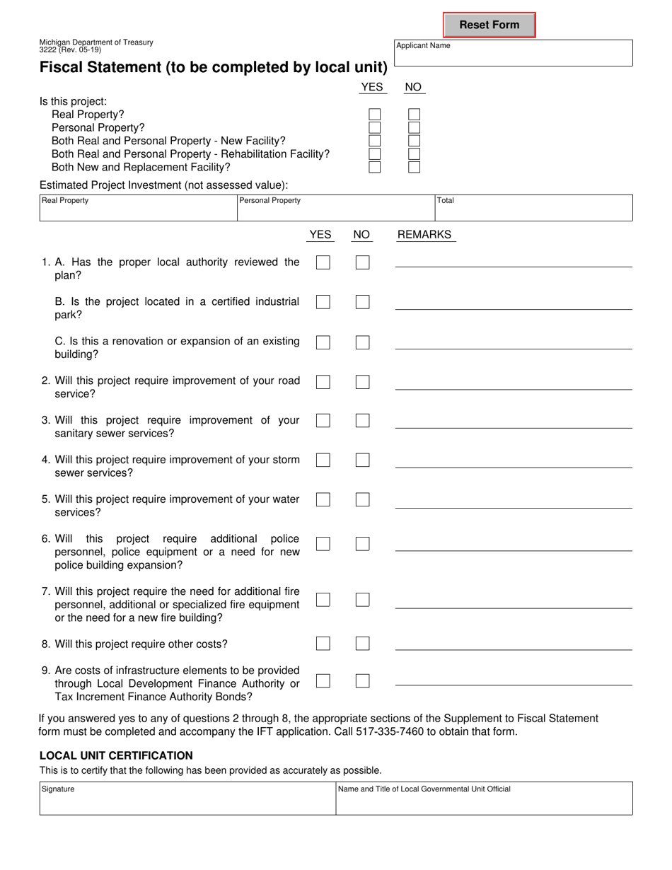 Form 3222 Fiscal Statement - Michigan, Page 1