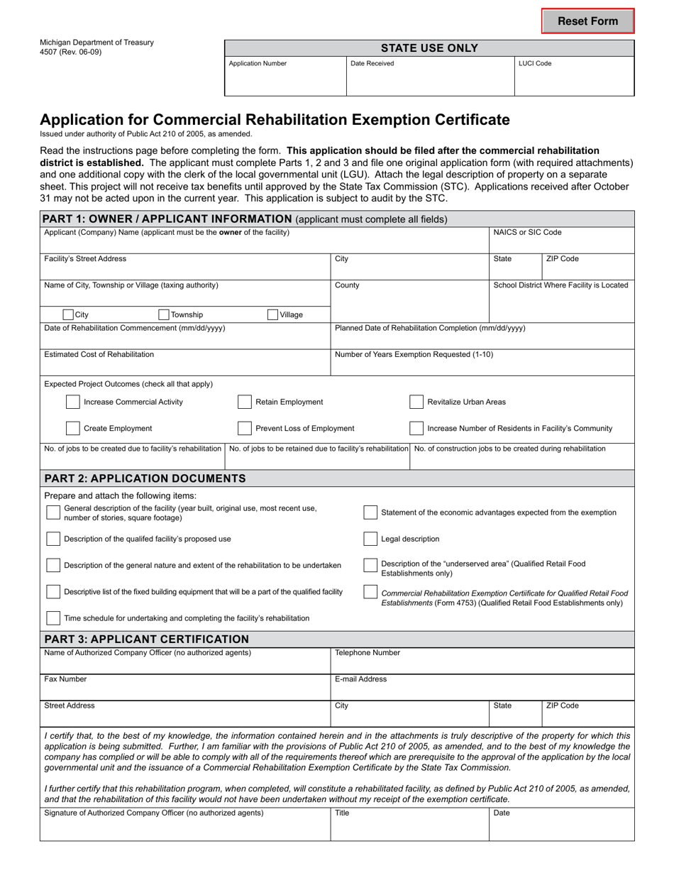 Form 4507 Application for Commercial Rehabilitation Exemption Certificate - Michigan, Page 1