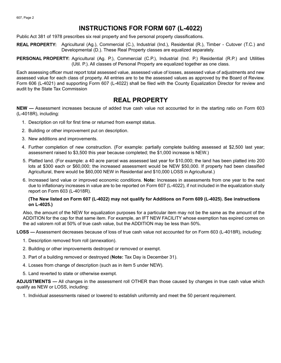 Form 607 (L-4022) Report of Assessment Roll Changes and Classification - Michigan, Page 2
