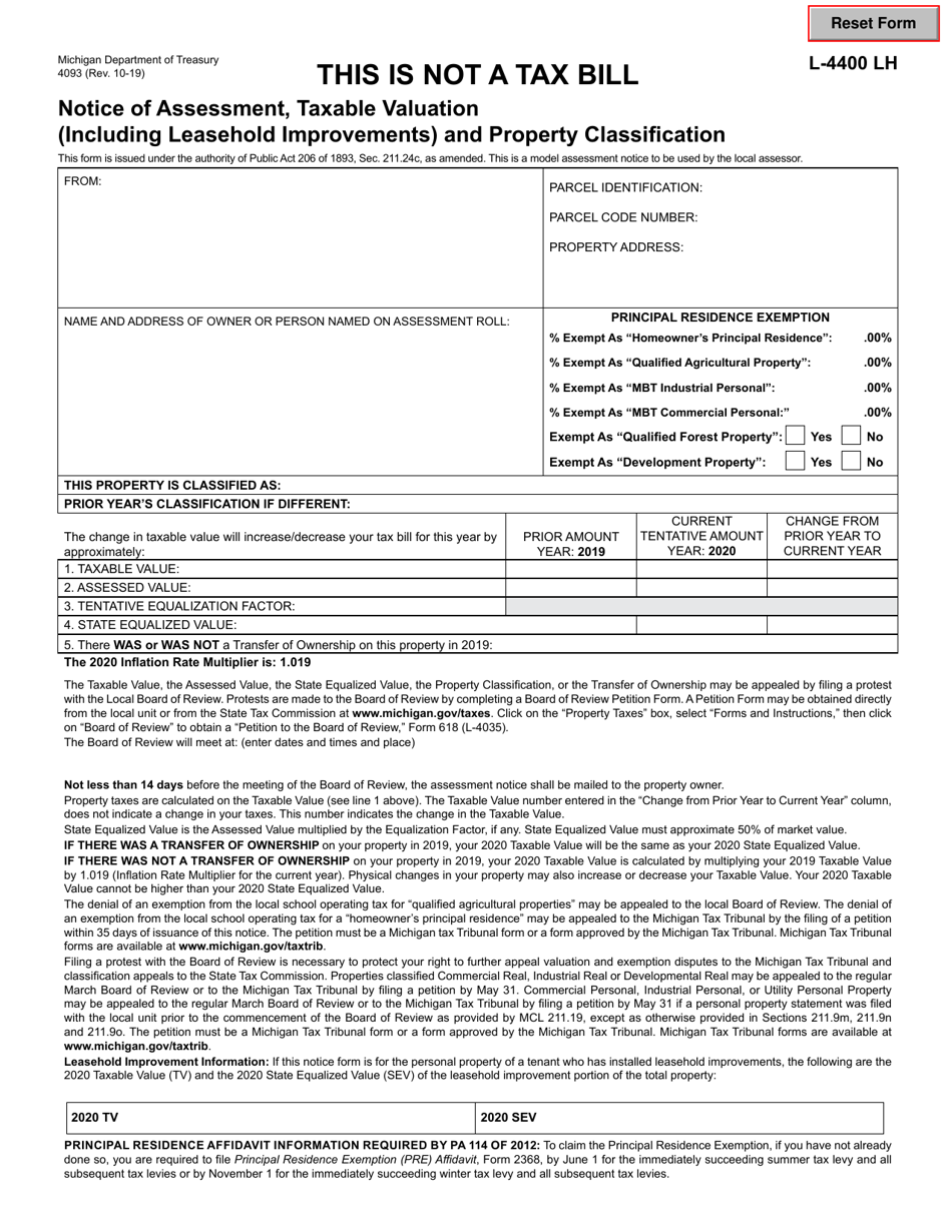 Form L-4400 LH (4093) Notice of Assessment, Taxable Valuation (Including Leasehold Improvements) and Property Classification - Michigan, Page 1