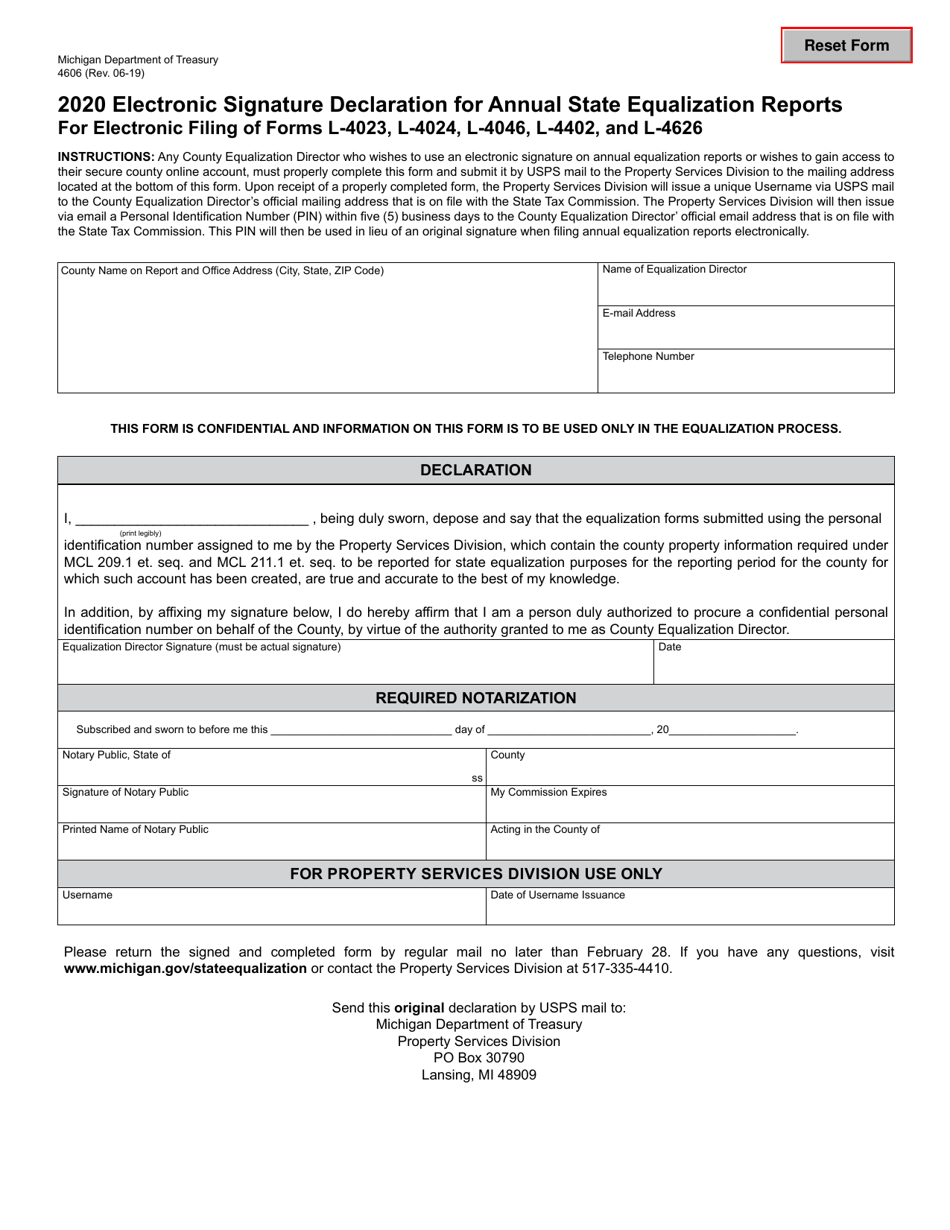 Form 4806 Electronic Signature Declaration for Annual State Equalization Reports for Electronic Filing of Forms L-4023, L-4024, L-4046, L-4402, and L-4626 - Michigan, Page 1