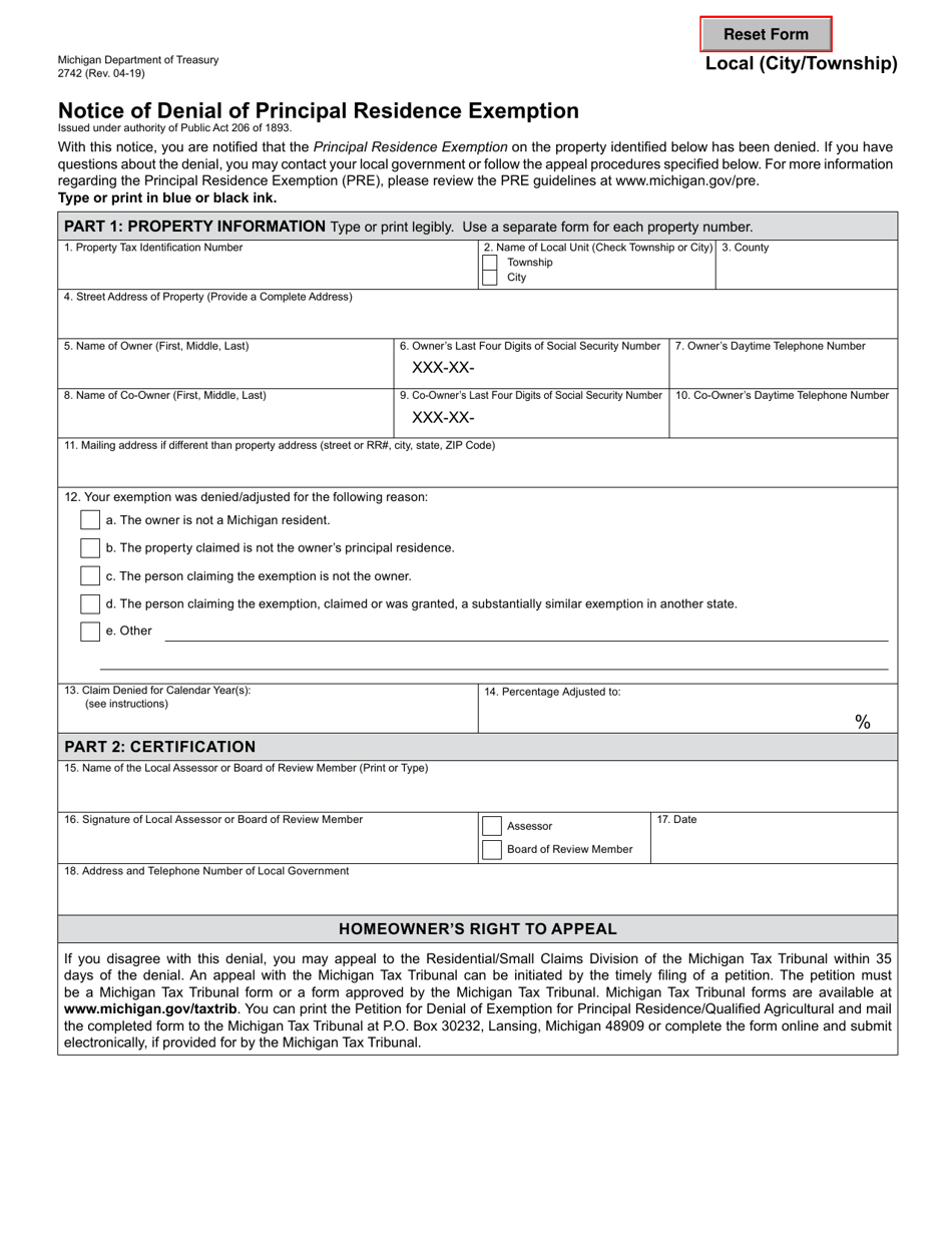 Form 2742 Notice of Denial of Principal Residence Exemption - Michigan, Page 1