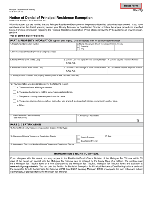 Form 4075 Notice of Denial of Principal Residence Exemption - Michigan