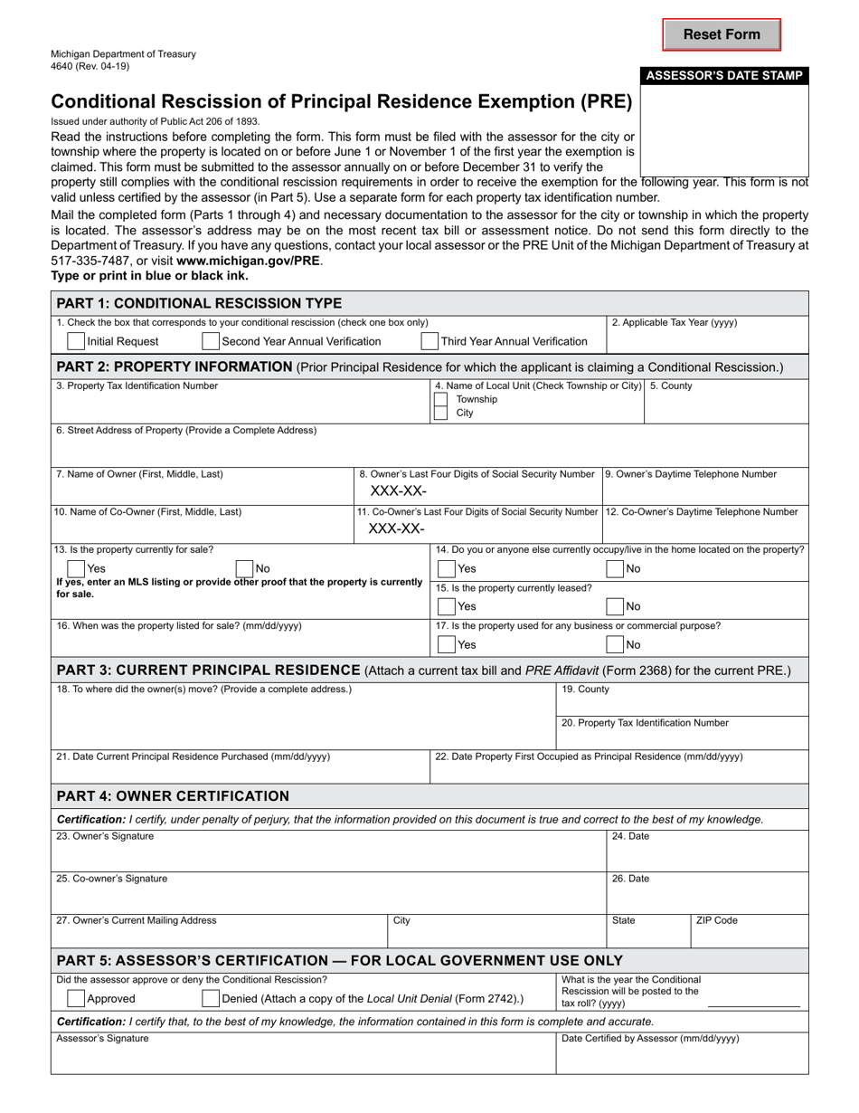 Form 4640 Conditional Rescission of Principal Residence Exemption (Pre) - Michigan, Page 1