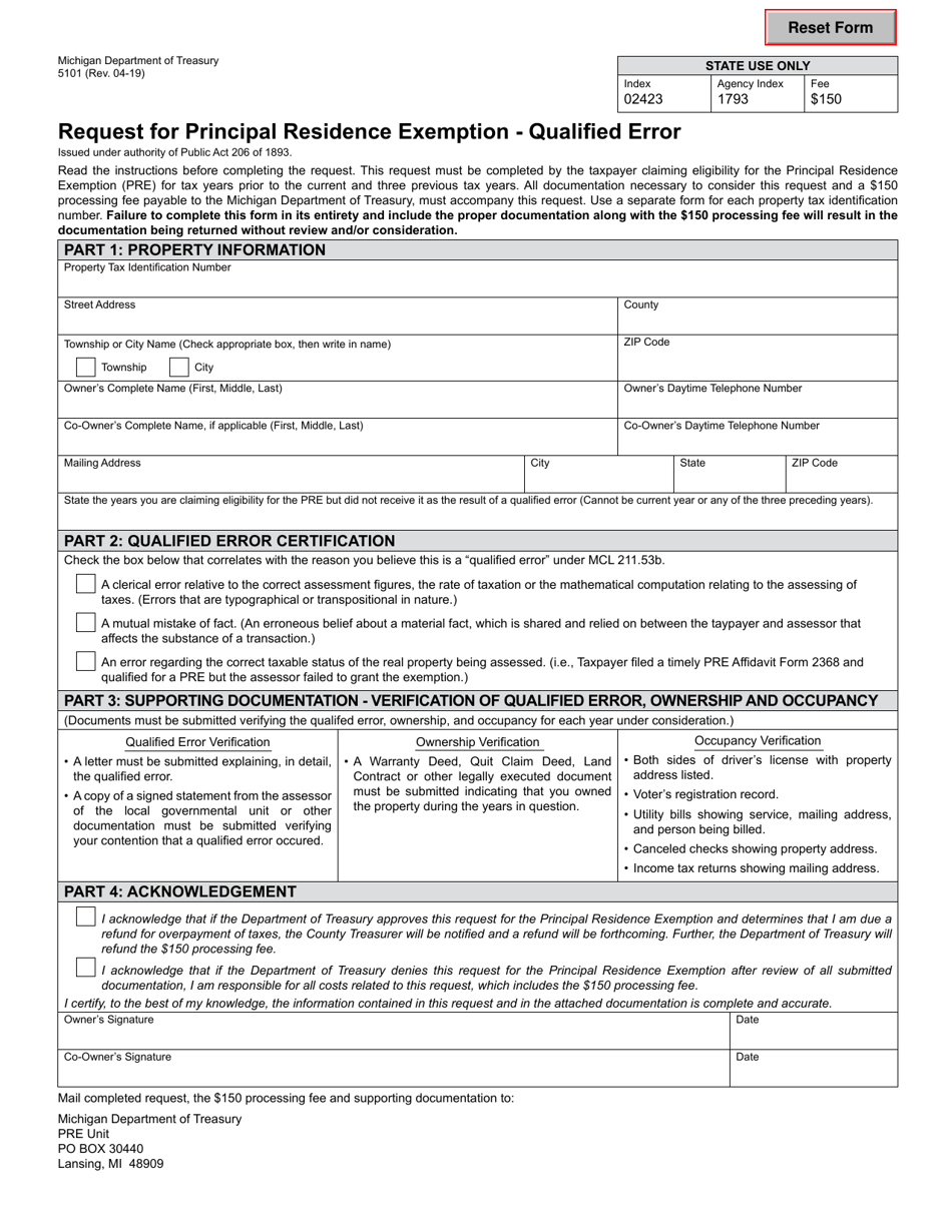 Form 5101 Request for Principal Residence Exemption - Qualified Error - Michigan, Page 1