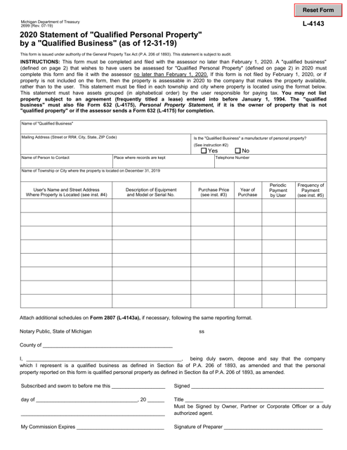 Form L-4143 (2699) Statement of "qualified Personal Property" by a "qualified Business" (As of 12-31-19) - Michigan, 2020