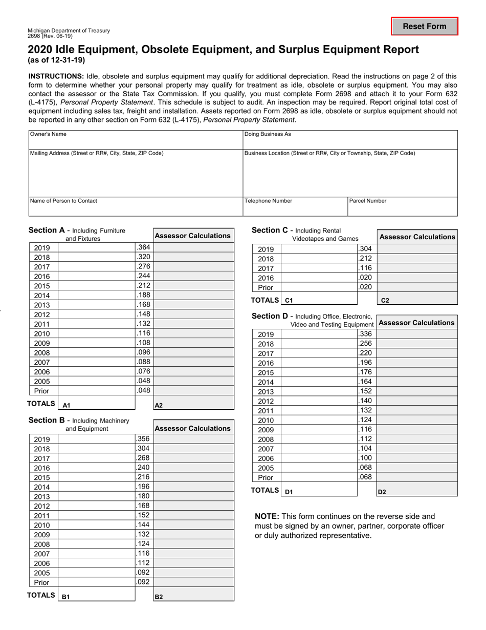 Form 2698 Idle Equipment, Obsolete Equipment, and Surplus Equipment Report - Michigan, Page 1