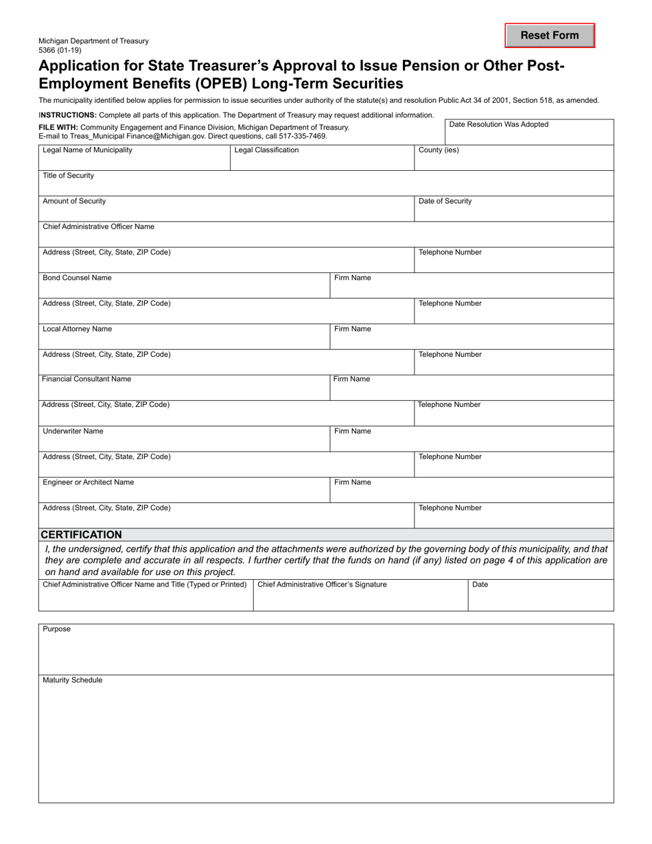 Form 5366 Application for State Treasurer's Approval to Issue Pension or Other Post-employment Benefits (Opeb) Long-Term Securities - Michigan, Page 1