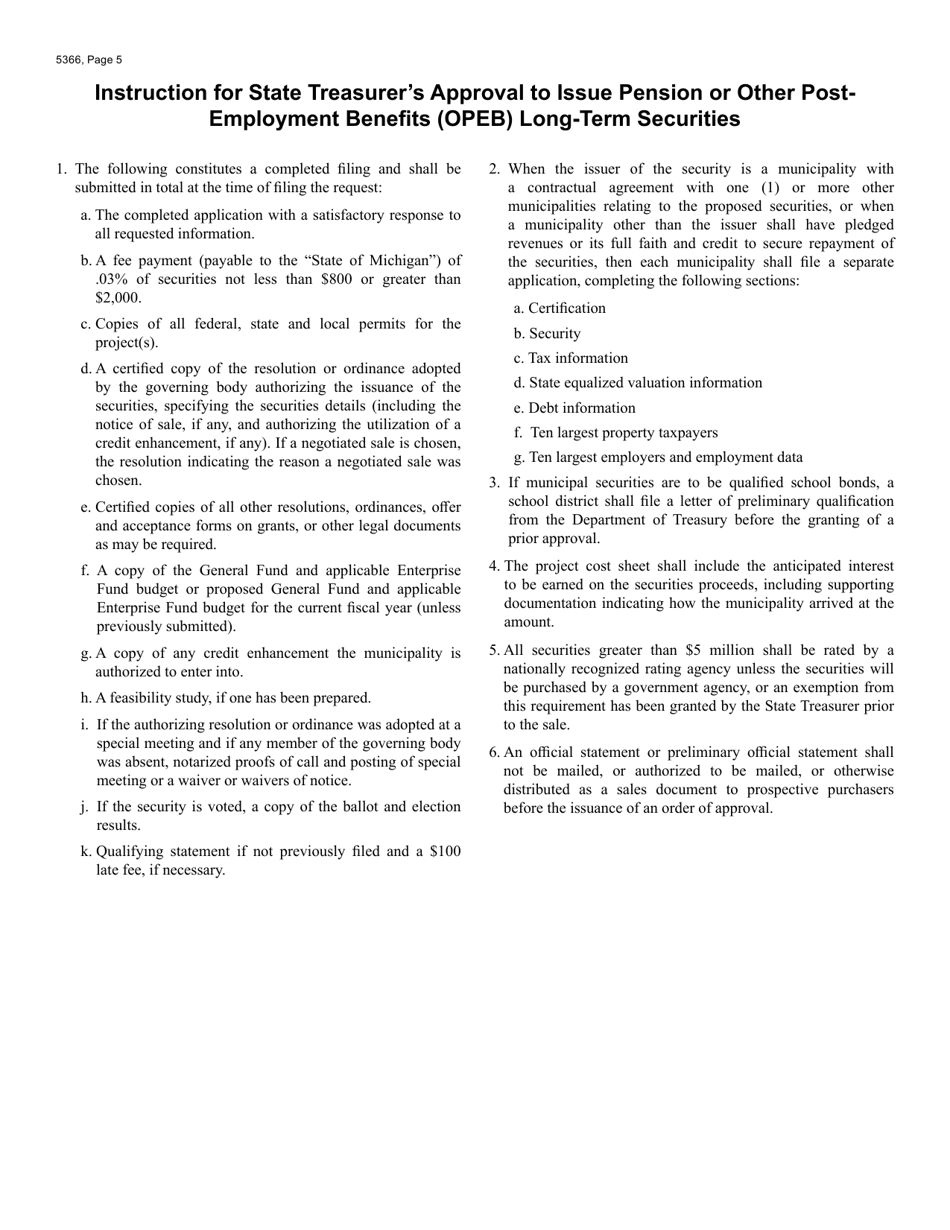 Form 5366 Application for State Treasurers Approval to Issue Pension or Other Post-employment Benefits (Opeb) Long-Term Securities - Michigan, Page 5