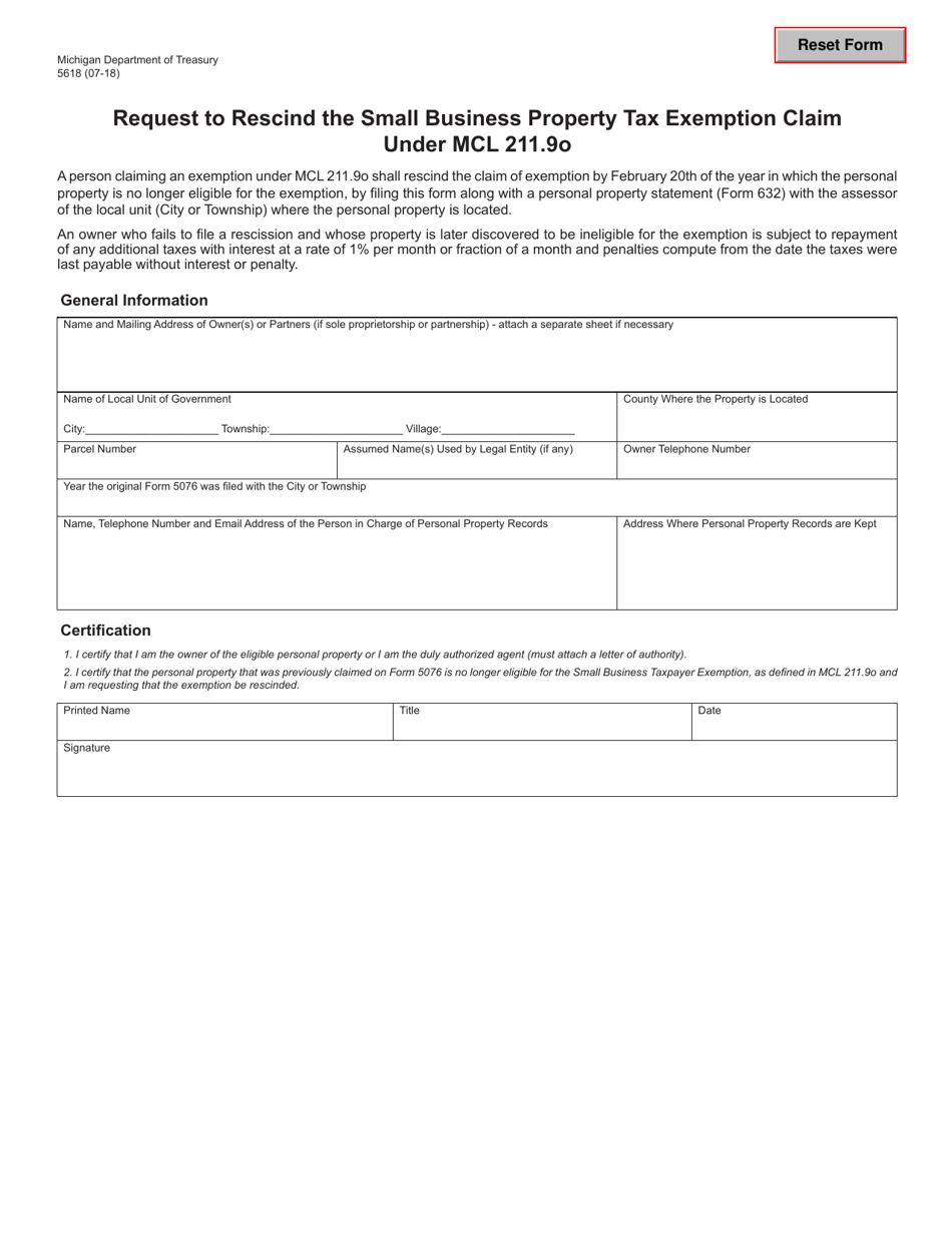 Form 5618 Request to Rescind the Small Business Property Tax Exemption Claim Under Mcl 211.9o - Michigan, Page 1