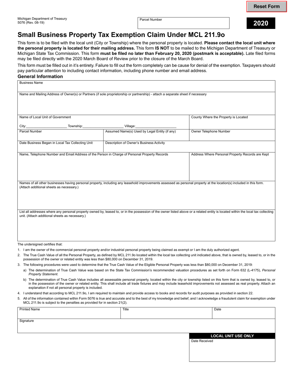 Form 5076 Small Business Property Tax Exemption Claim Under Mcl 211.9o - Michigan, Page 1
