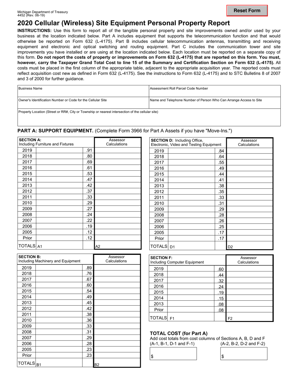 Form 4452 Cellular (Wireless) Site Equipment Personal Property Report - Michigan, Page 1