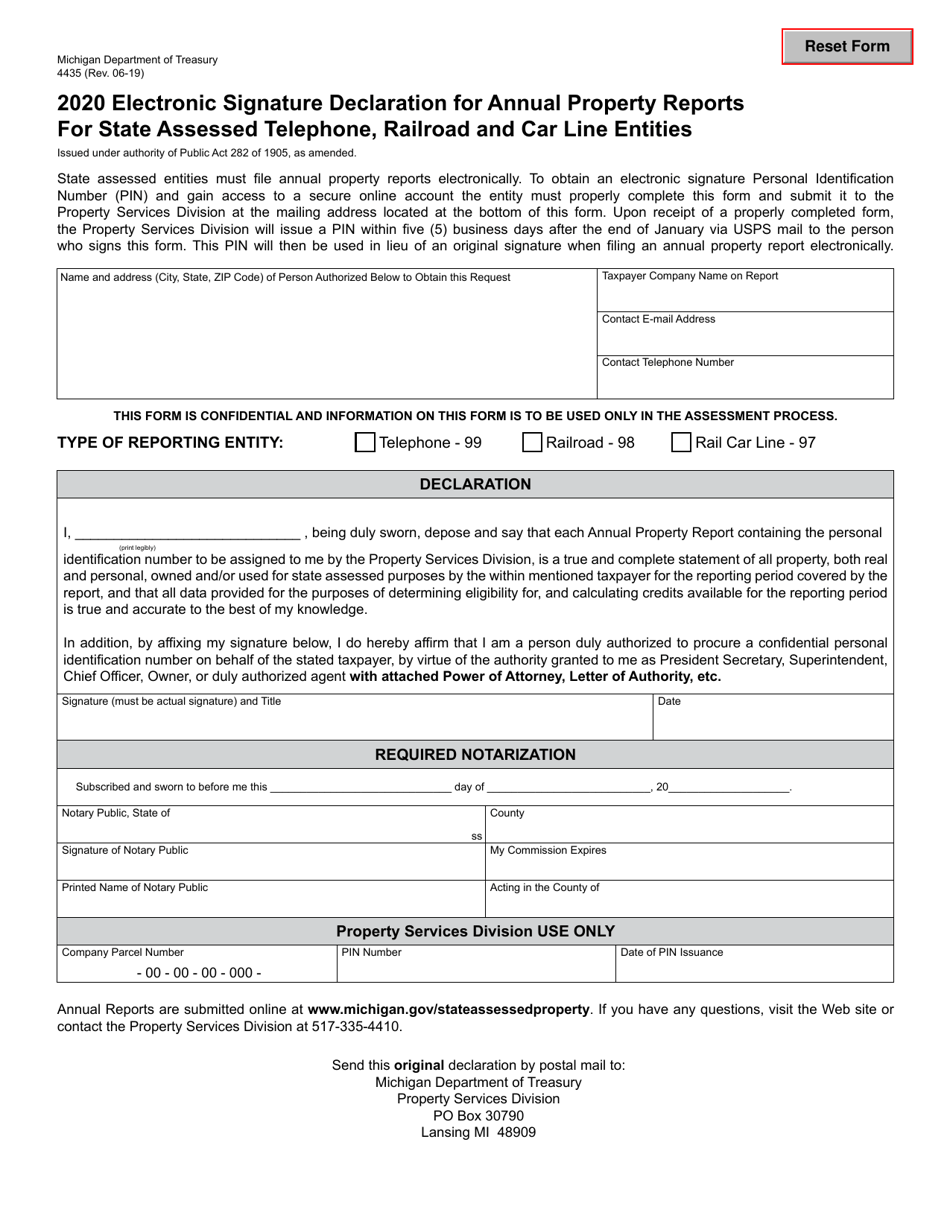 Form 4435 Electronic Signature Declaration for Annual Property Reports for State Assessed Telephone, Railroad and Car Line Entities - Michigan, Page 1