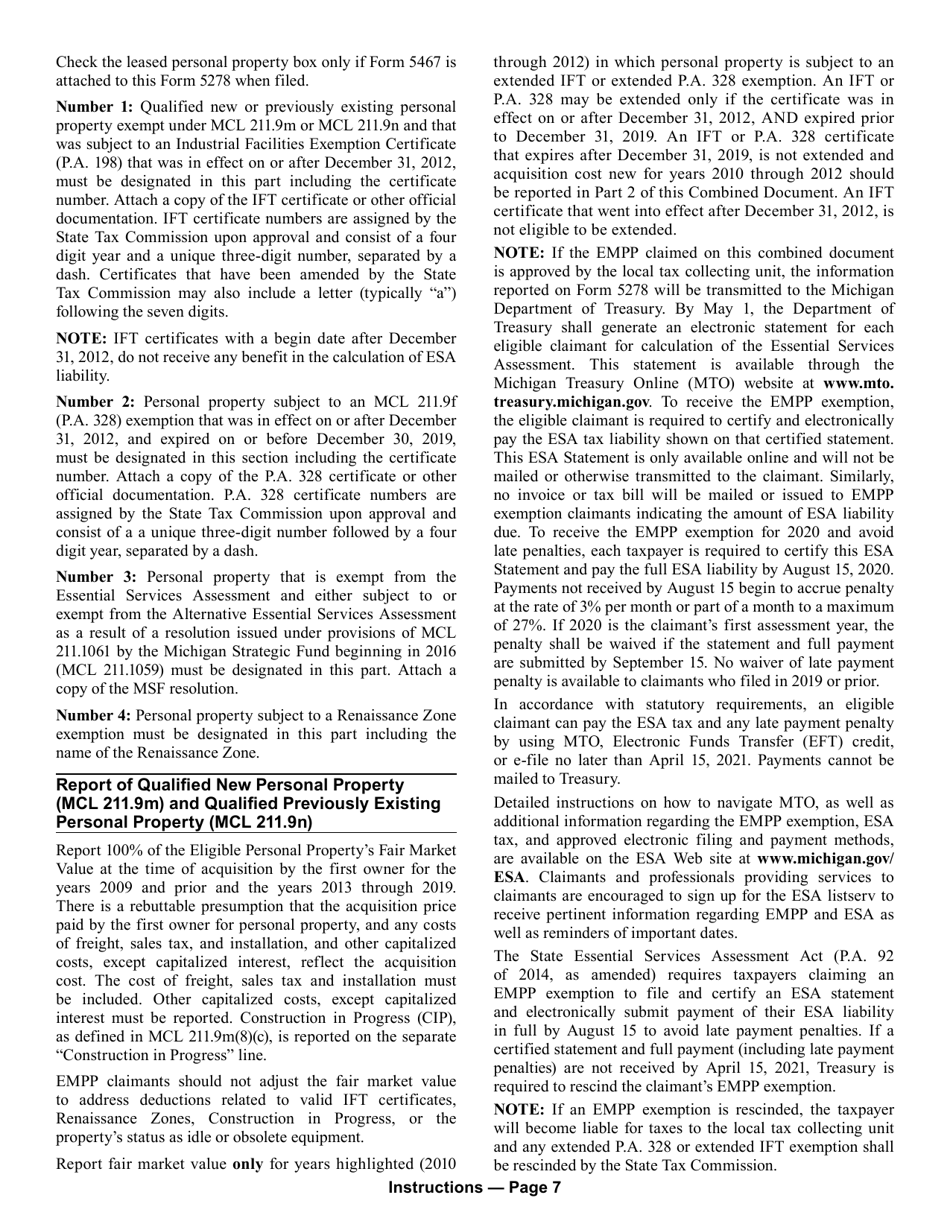Form 5278 Eligible Manufacturing Personal Property Tax Exemption Claim, Personal Property Statement, and Report of Fair Market Value of Qualified New and Previously Existing Personal Property (Combined Document) - Michigan, Page 11